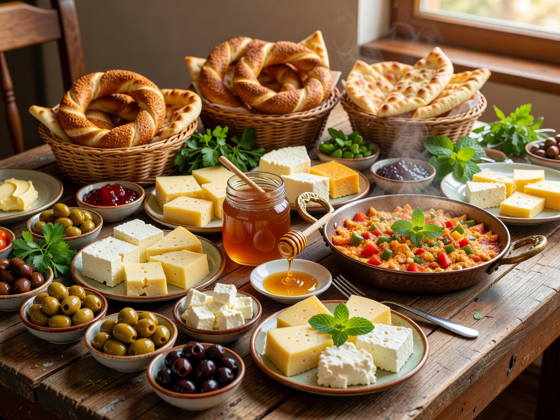 Abundant Turkish Kahvalti morning banquet with olives, cheeses, honey, and menemen