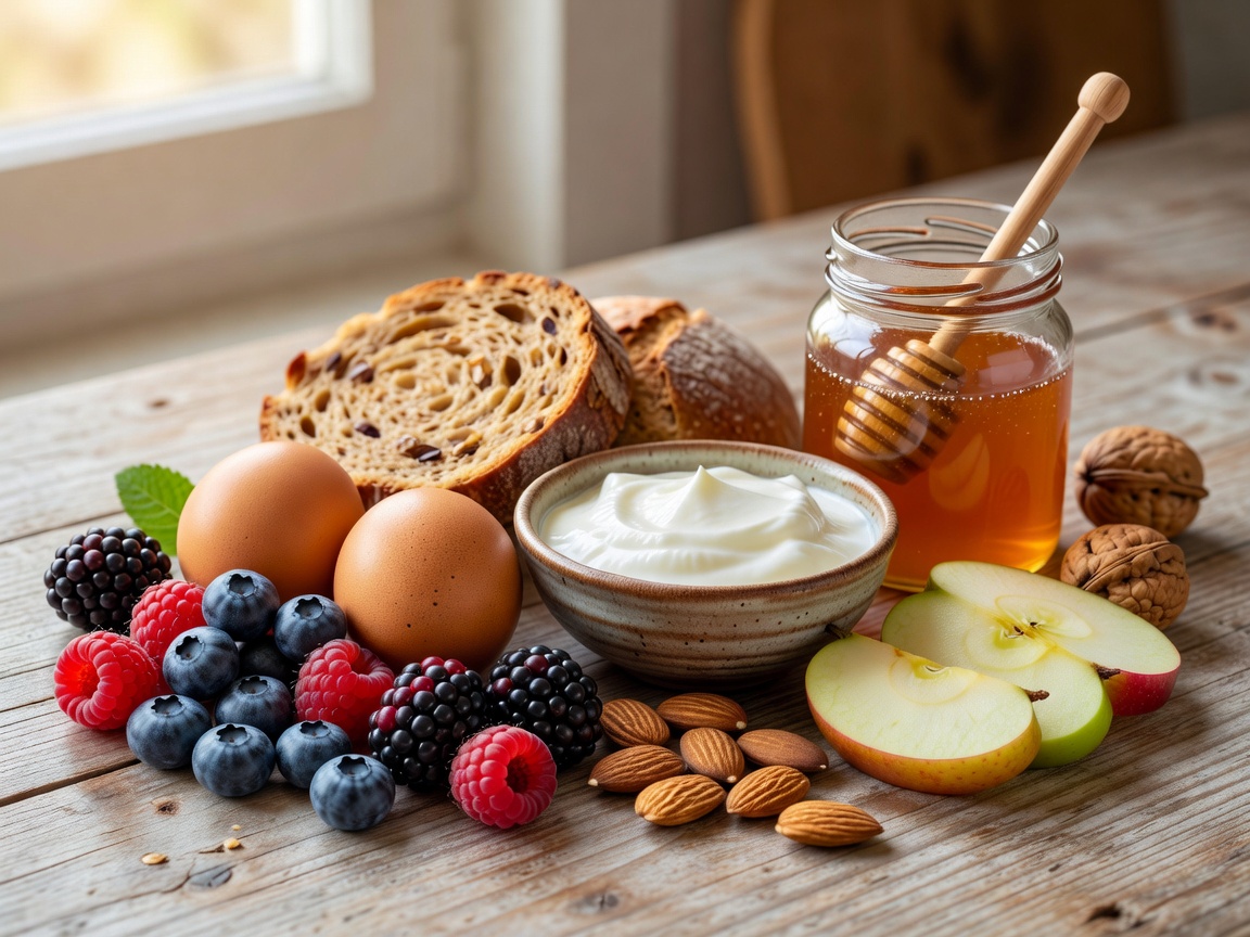 Assortment of organic morning breakfast ingredients