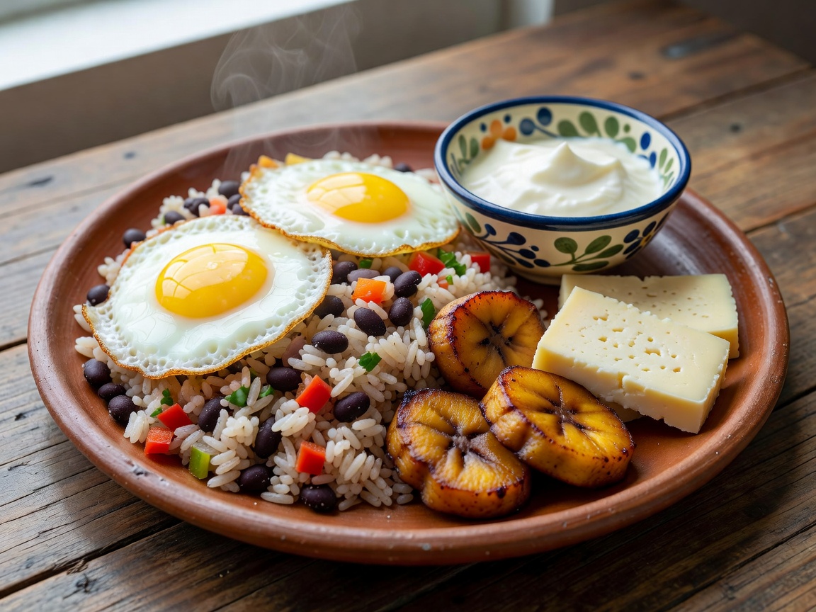Authentic Costa Rican Gallo Pinto plate with eggs, maduros plantains, turrialba cheese, and natilla