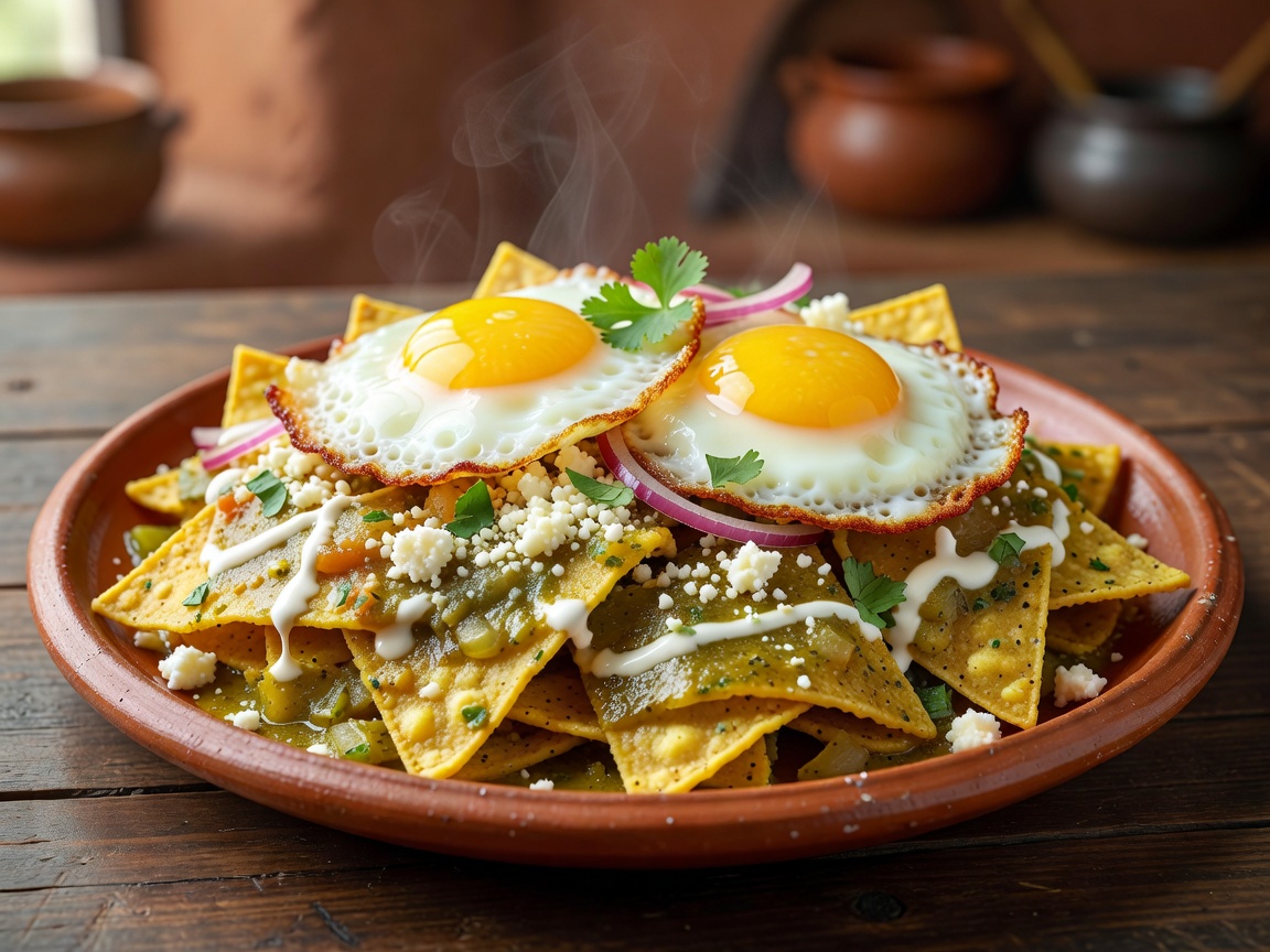 Authentic Mexican Chilaquiles Verdes with cotija cheese, crema, and eggs