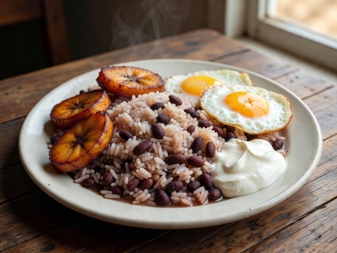 Authentic plate of Gallo Pinto with fried plantains eggs and sour cream