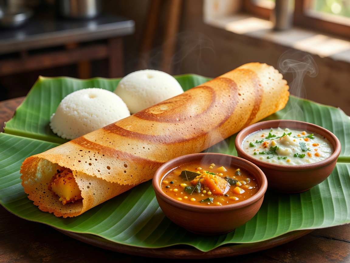 Crisp golden Masala Dosa served on banana leaf with idli, sambar, and fresh coconut chutney
