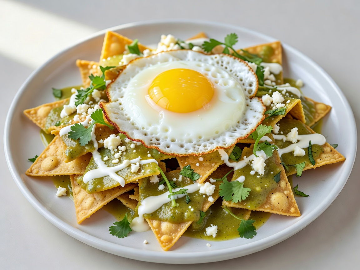 Crisp green chilaquiles with sunny side up egg, cotija cheese, crema, and epazote cilantro