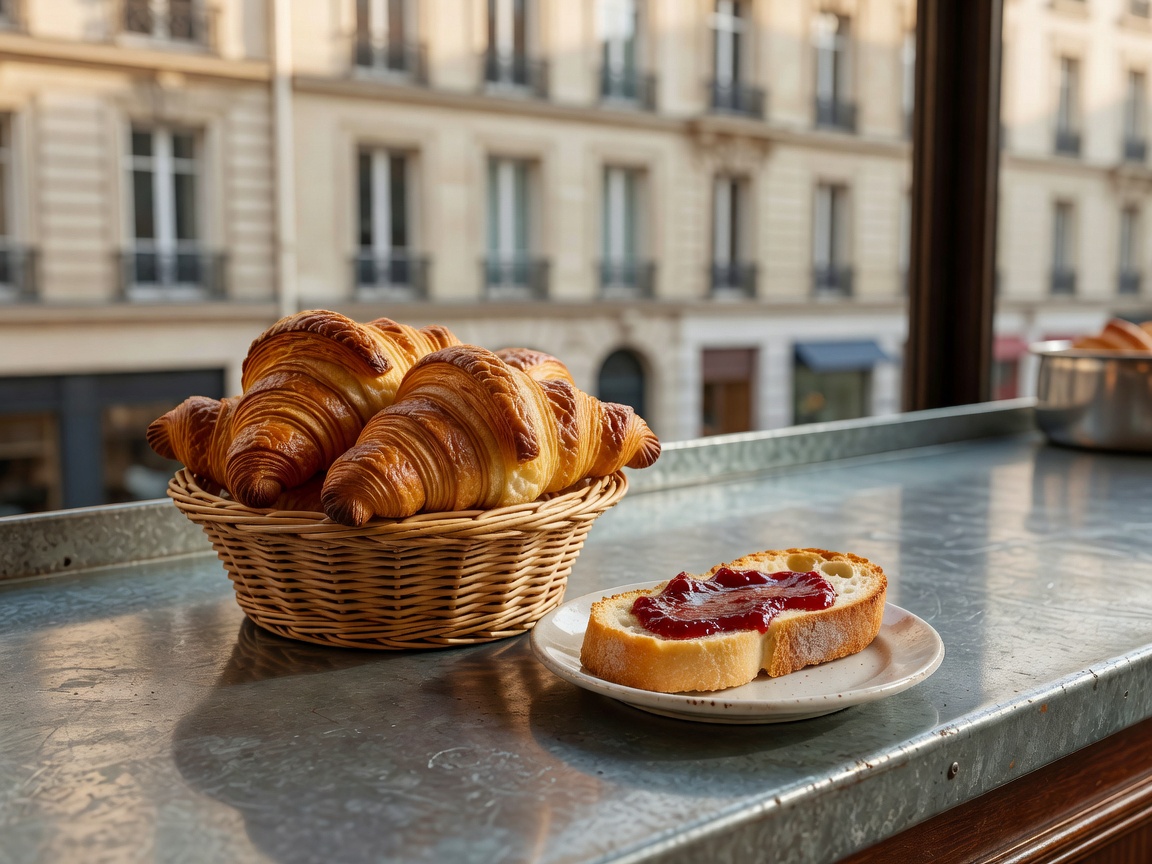 Fresh artisan croissants and warm baguette tartine on a Parisian zinc counter