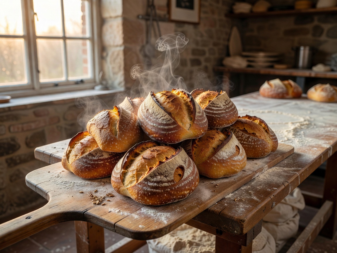 Freshly baked morning sourdough loaves