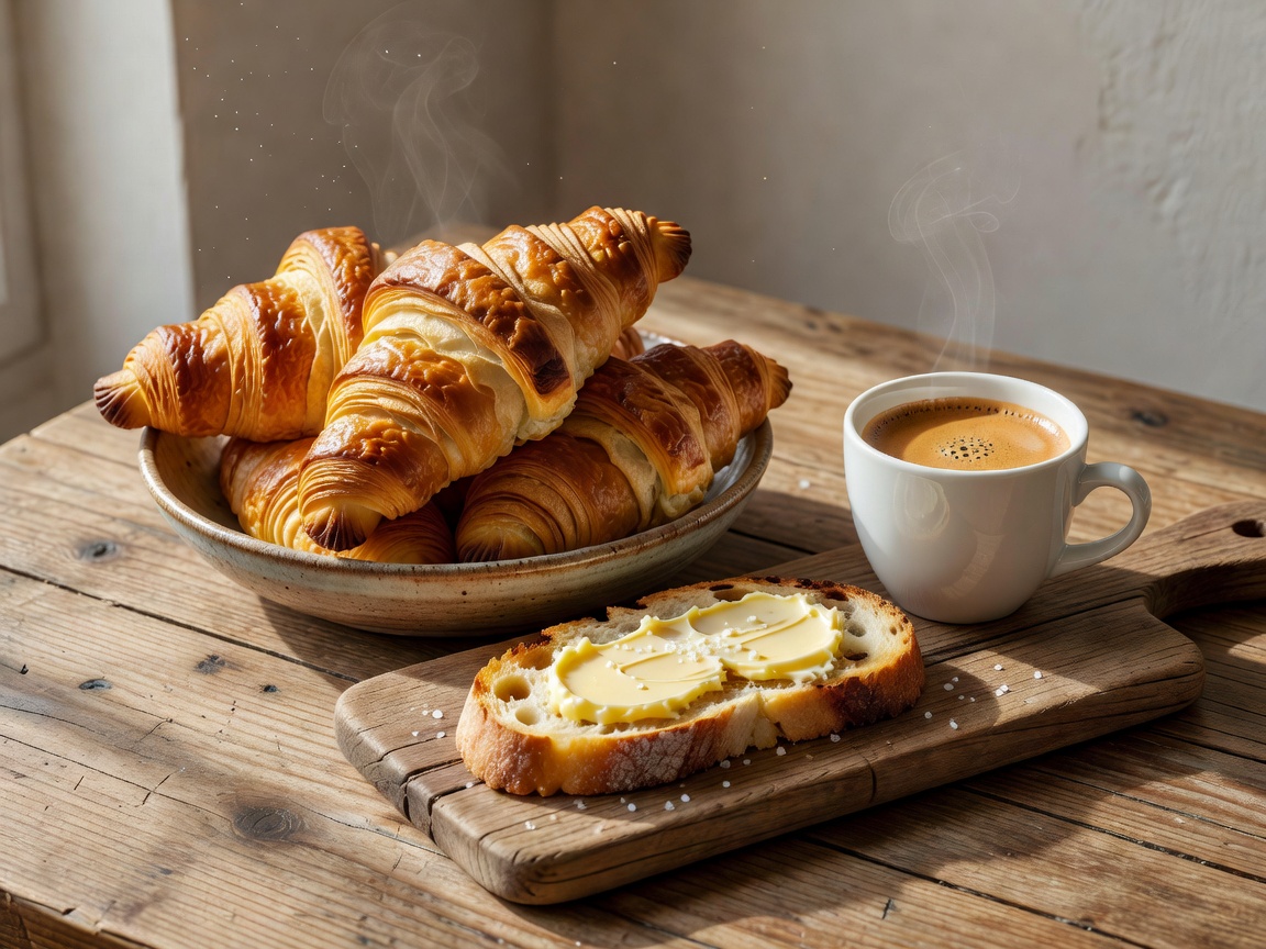 Freshly baked Parisian croissants, artisanal butter tartine, and espresso