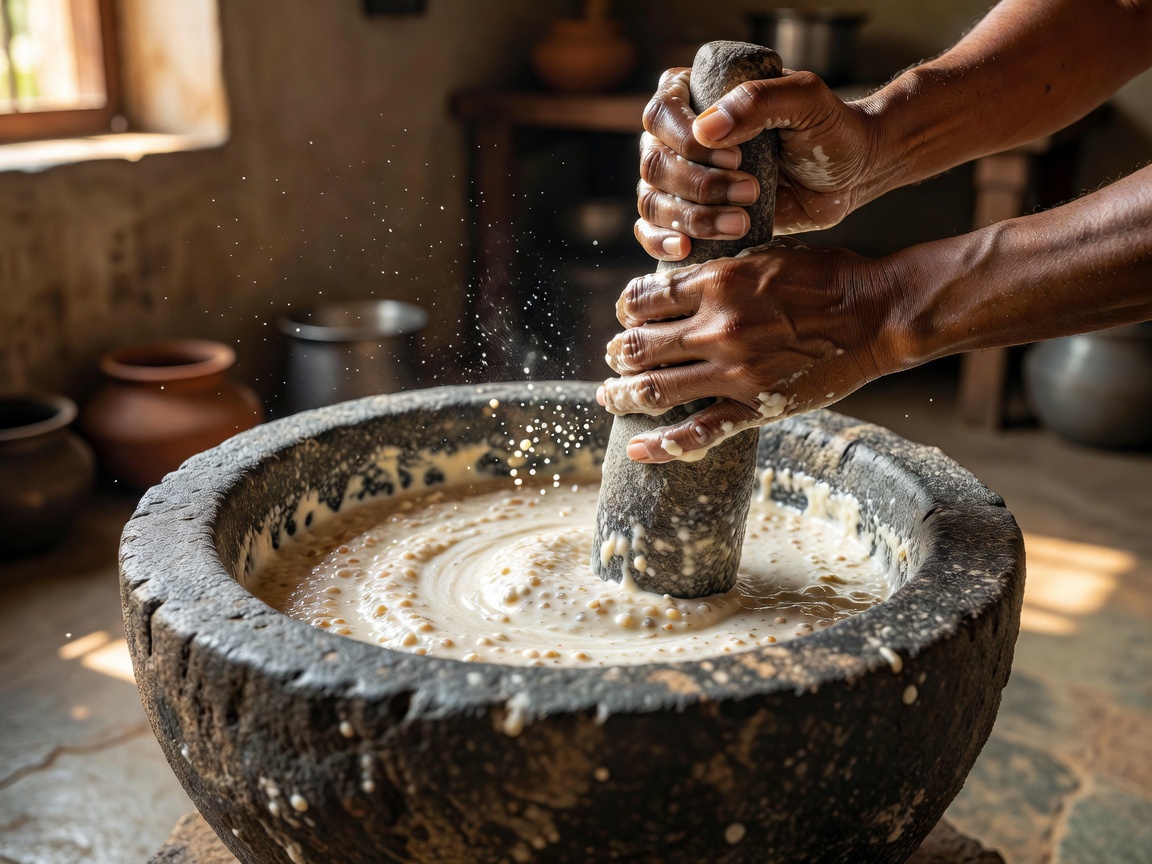 Stone mortar grinding naturally fermented urad dal and rice batter for South Indian morning tiffin
