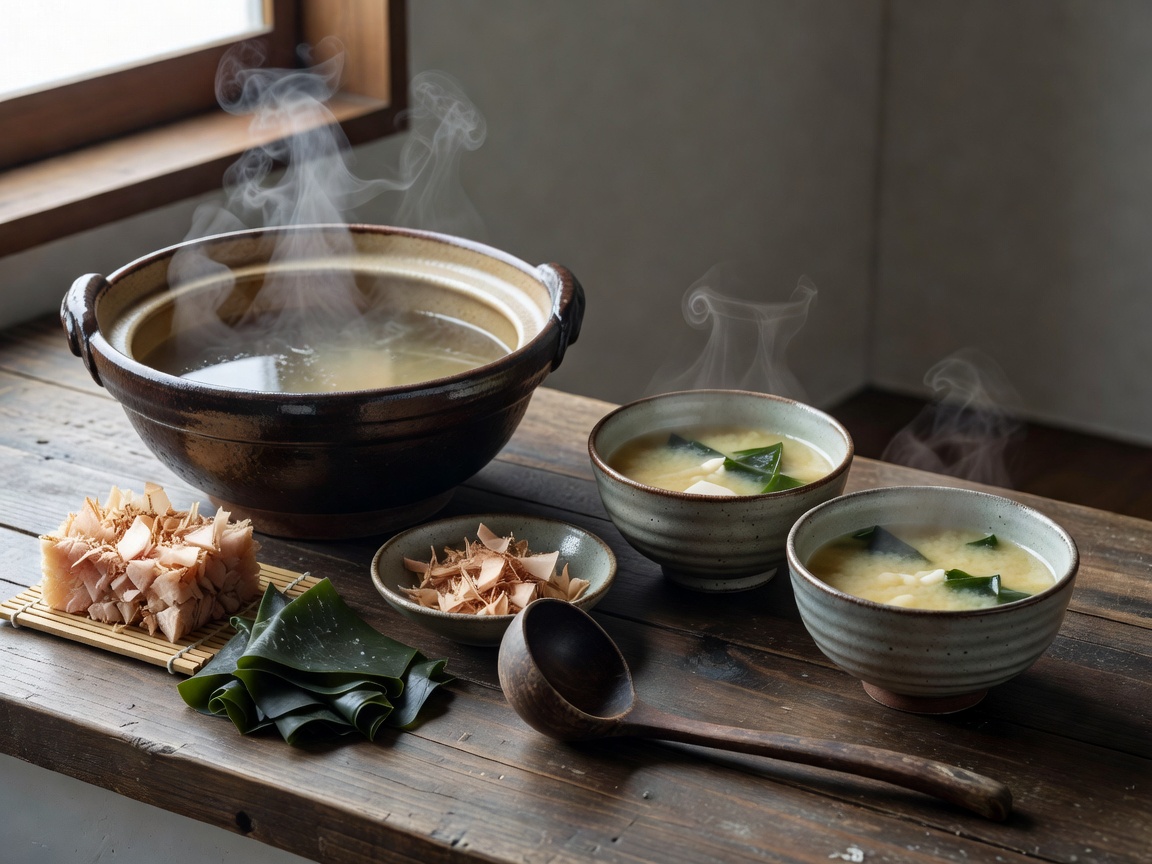 Japanese dashi broth preparation with kombu and bonito flakes in artisan ceramic bowls