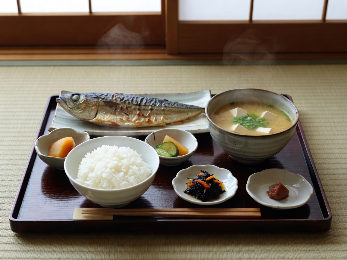 Japanese traditional breakfast set with grilled fish miso soup rice and small dishes