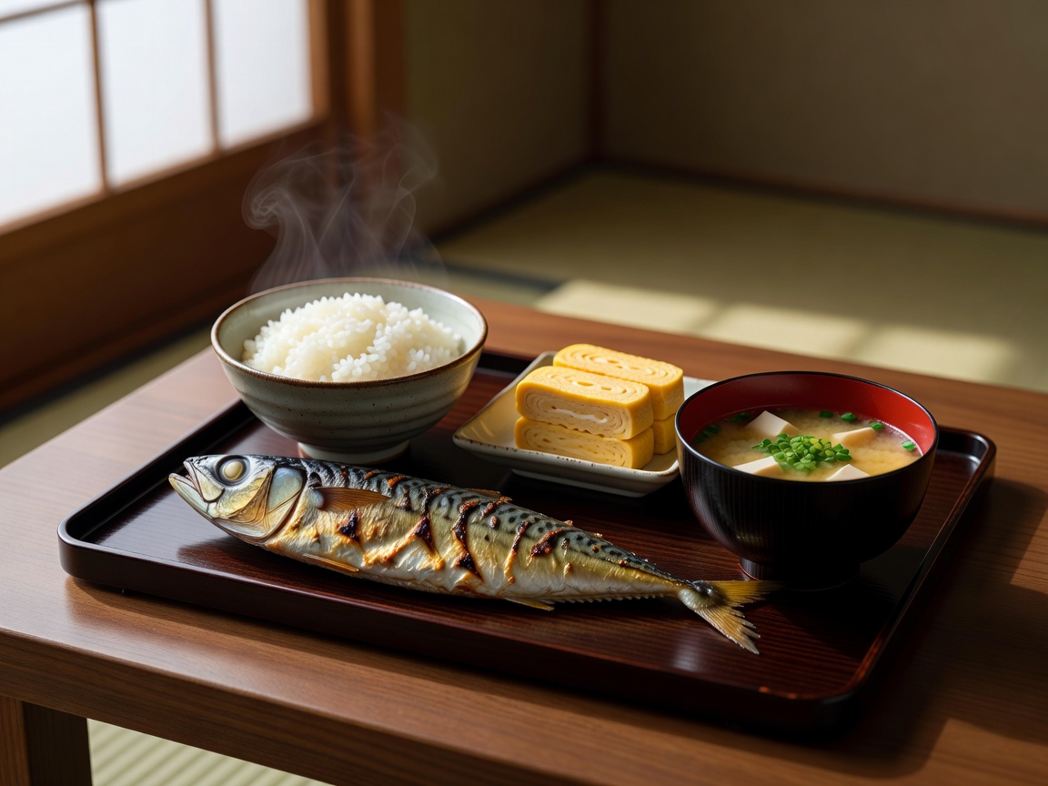 Japanese traditional breakfast tray with grilled fish, rice, tamagoyaki, and miso soup