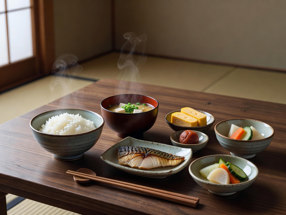 Traditional Japanese Asagohan breakfast with grilled salmon, miso soup, and rice