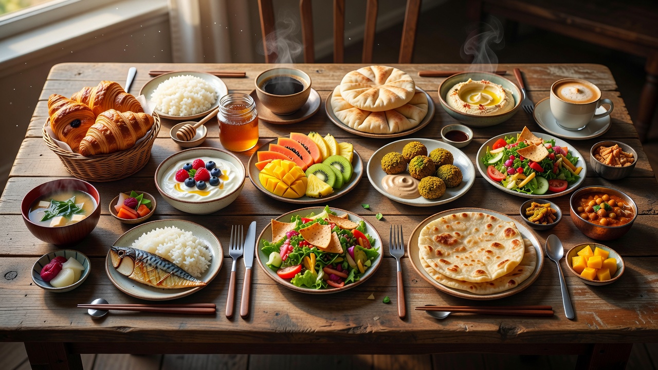 Lavish global breakfast spread on sunlit rustic wooden table