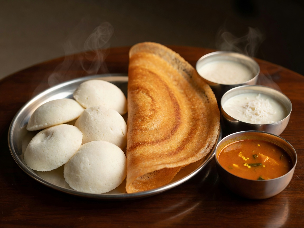 Plate of steaming idlis, crispy dosa, coconut chutney and sambar in stainless steel bowls