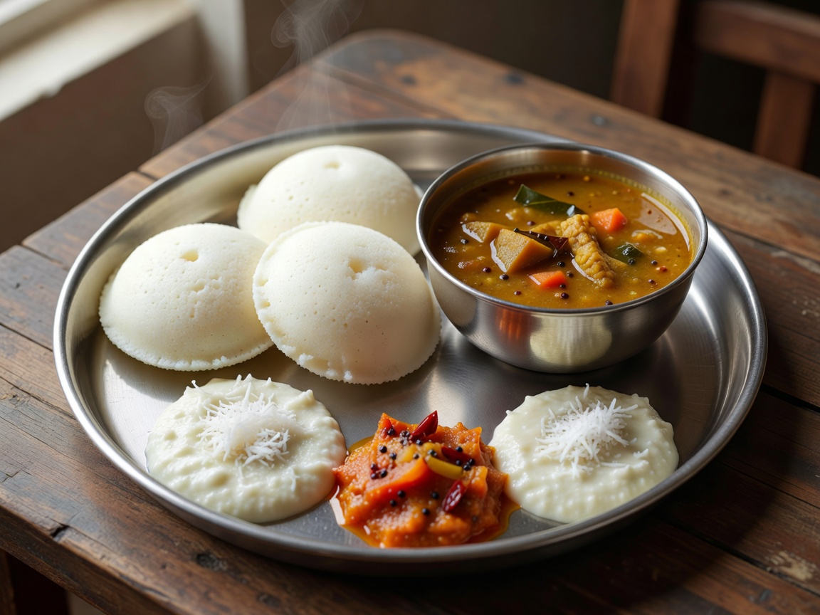 South Indian breakfast tiffin with golden Masala Dosa, steamed idlis, sambar, and coconut chutney