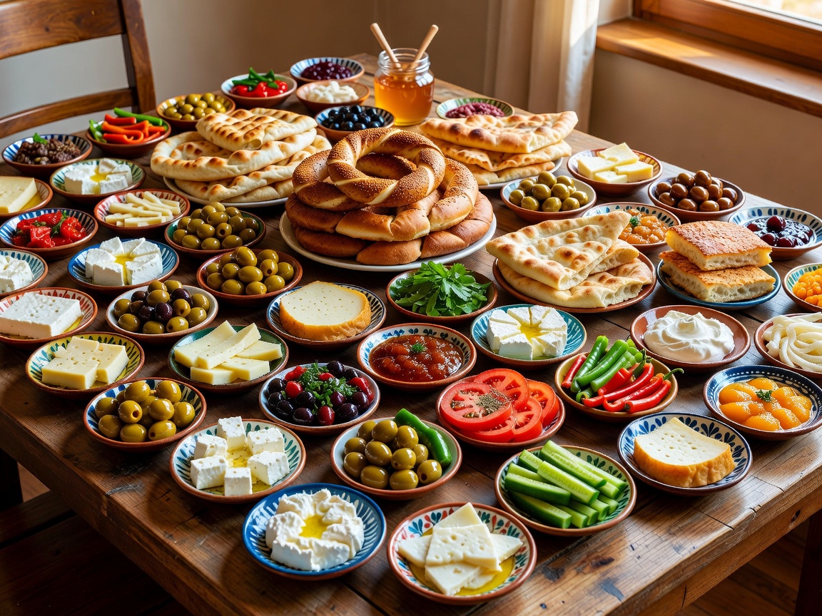 Spectacular Turkish Kahvalti table with dozens of small dishes, cheese, olives, and fresh bread
