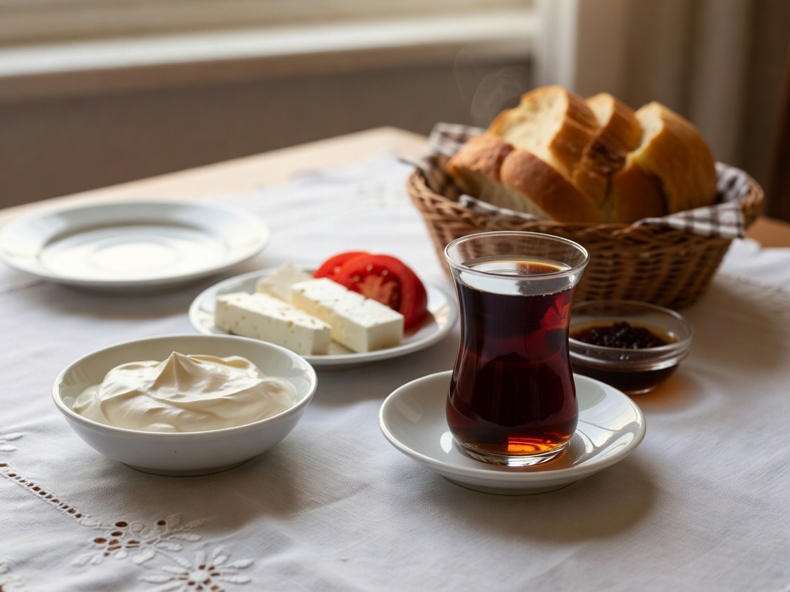 Steaming Turkish black tea in traditional tulip glass on an expansive Kahvalti morning table