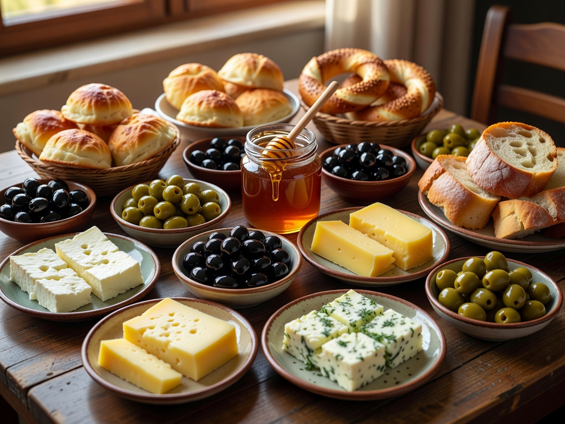 Turkish Kahvalti table with assorted cheeses olives honey and warm breads